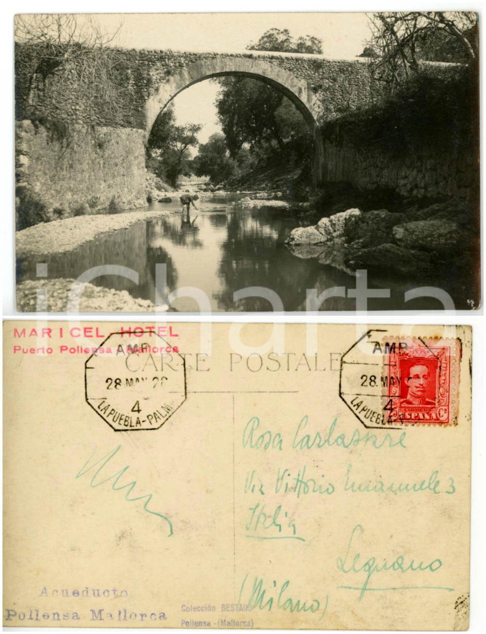 Fotografia d epoca originale 1928 POLLENSA MAIORCA Bambino all acquedotto  Timbro MARICEL HOTEL Cartolina 1