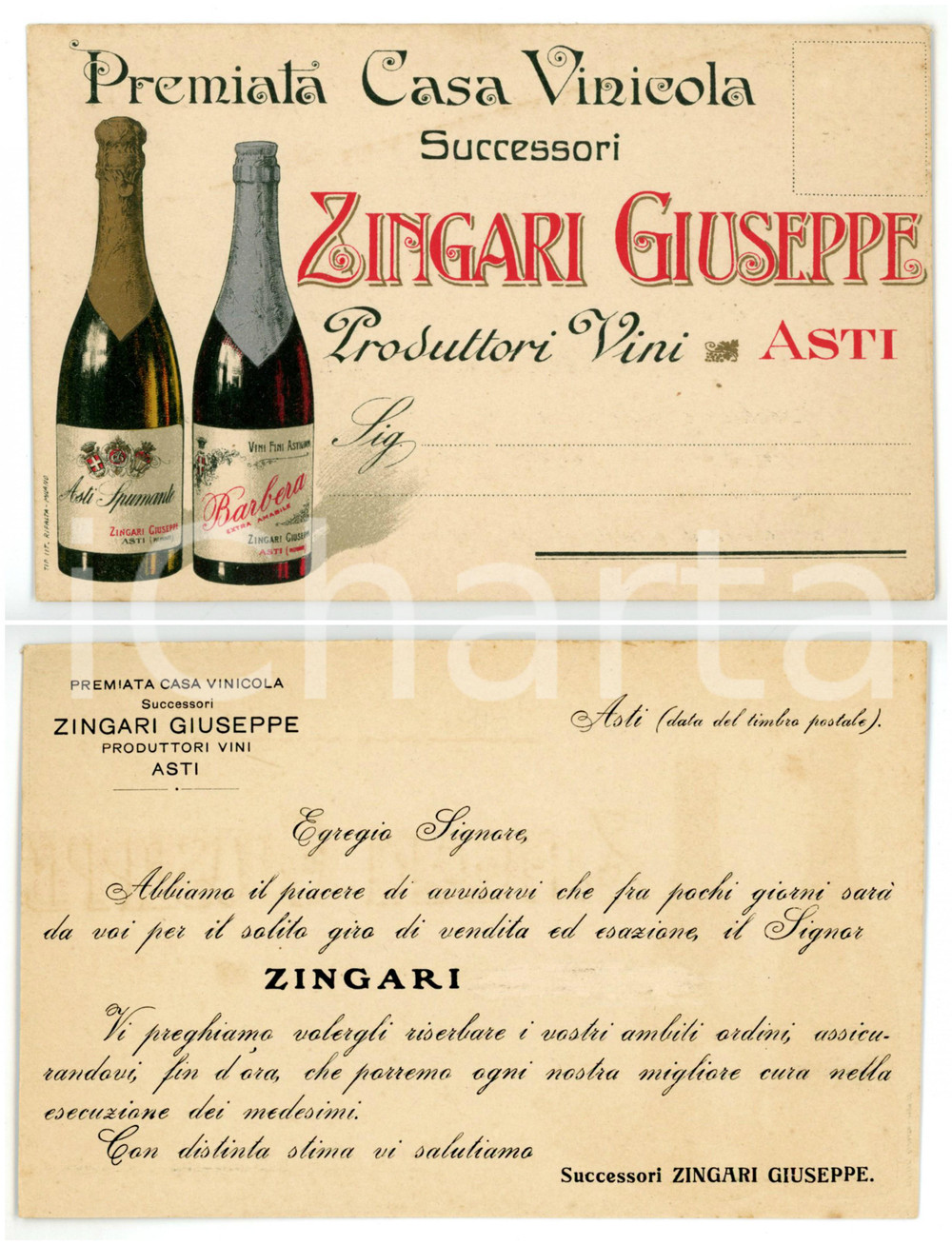 Cartolina originale da collezione 1910 ca ASTI Azienda vinicola Giuseppe ZINGARI Cartolina commerciale VINTAGE FP 1