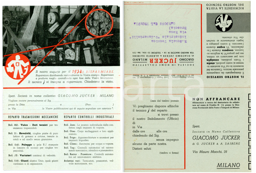 Cartolina originale da collezione 1937 MILANO Azienda meccanica JUCKER  Cartolina per acquisto pubblicazioni 1