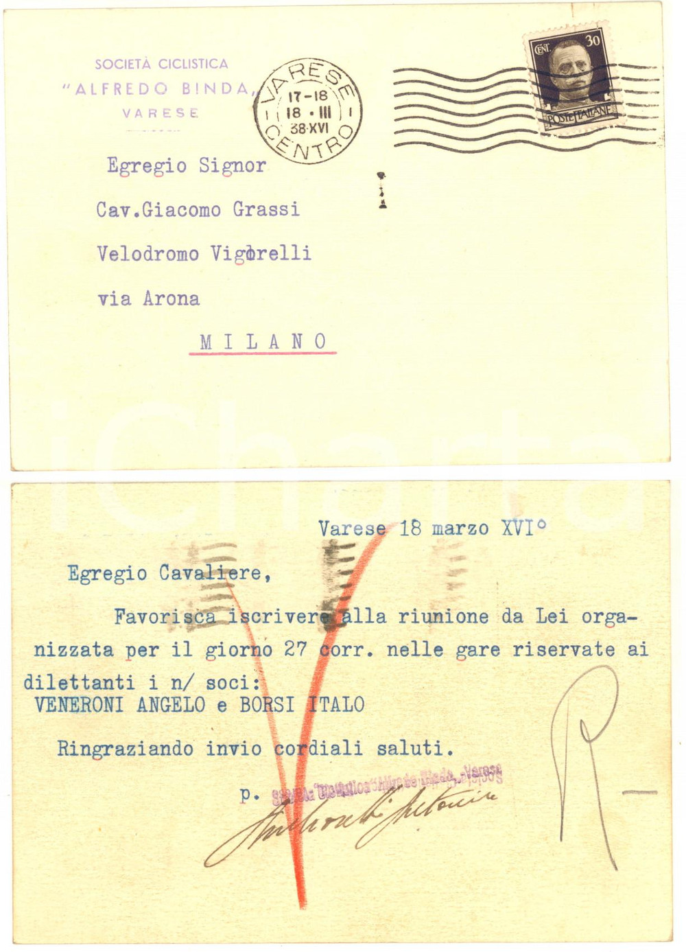 Cartolina originale da collezione 1938 VARESE SocietÃ  Ciclistica Alfredo BINDA  Cartolina per gara dilettanti FP 1