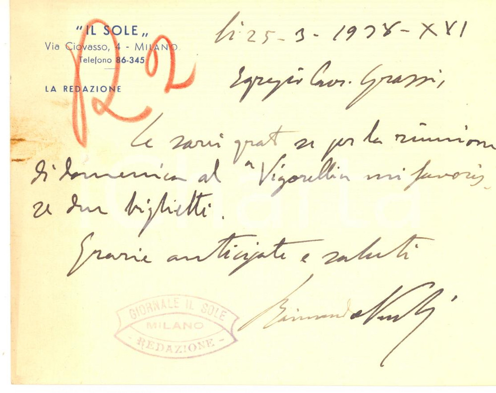Oggetto da collezione cartaceo 1938 MILANO Giornale IL SOLE Biglietto Raimondo NARDI per gare ciclismo 1