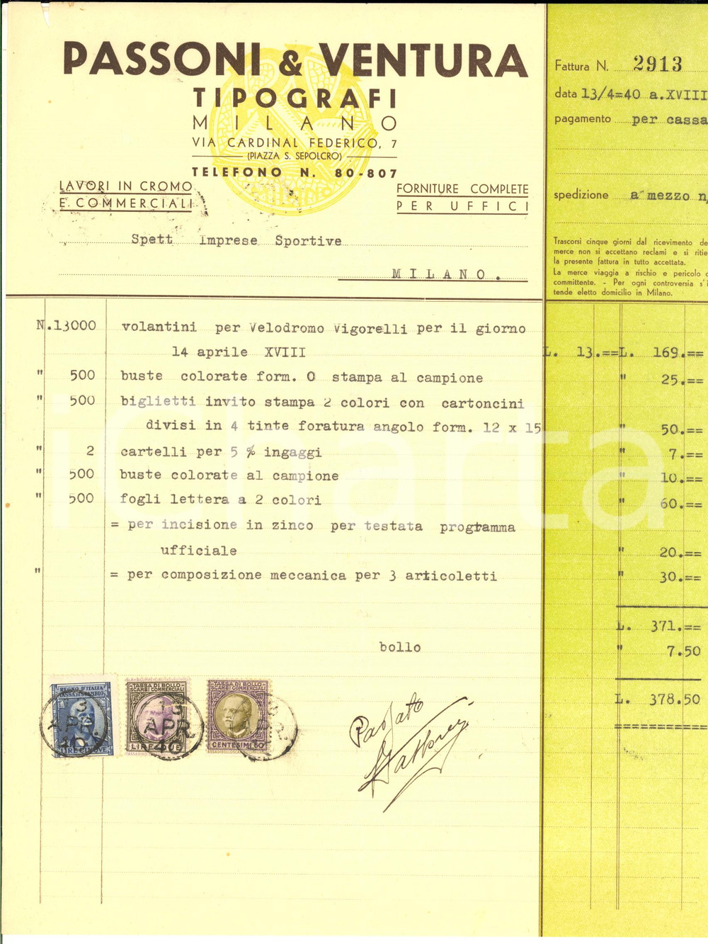 Documento originale, autentico 1940 MILANO Tipografi PASSONI & VENTURA Fattura per volantini con bollo 1