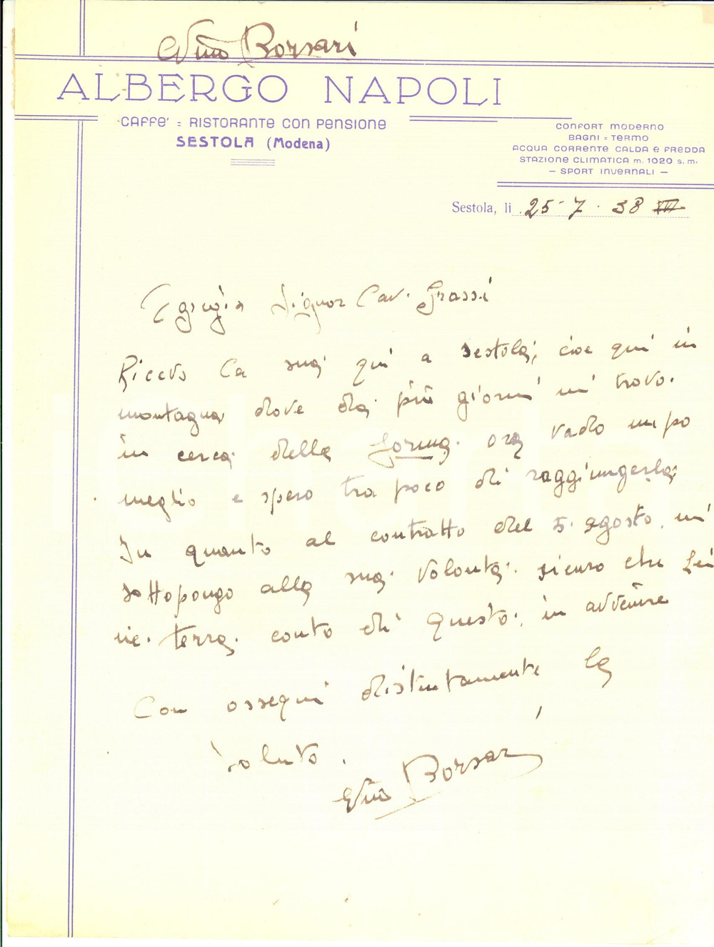 Autografo originale 1938 CICLISMO SESTOLA Lettera Nino BORSARI in recupero in montagna AUTOGRAFO 1