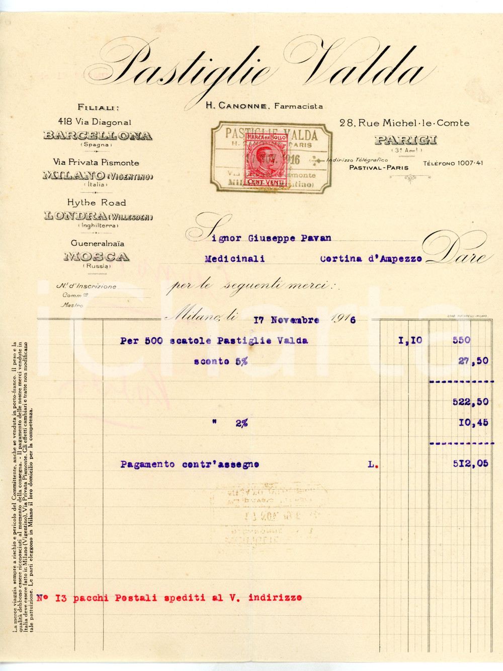 Documento originale, autentico 1916 MILANO Via Pismonte  Pastiglie VALDA  Fattura su carta intestata 1