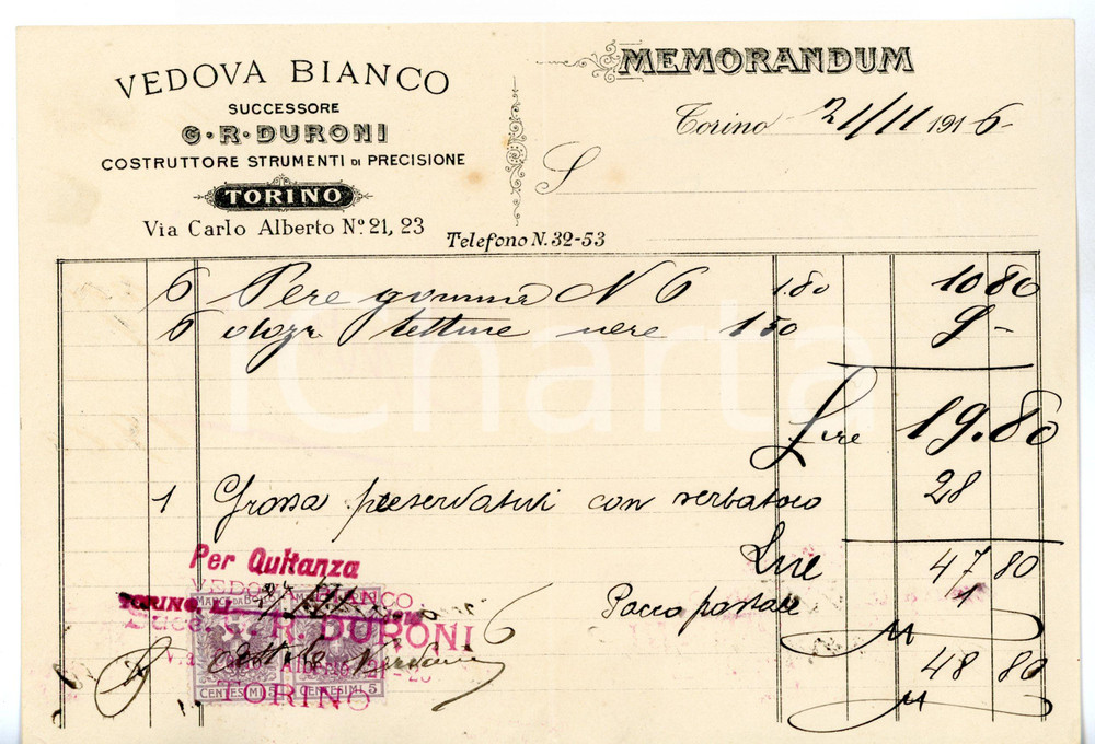 Documento originale, autentico 1916 TORINO Vedova BIANCO successore DURONI  Strumenti di precisione Fattura 1