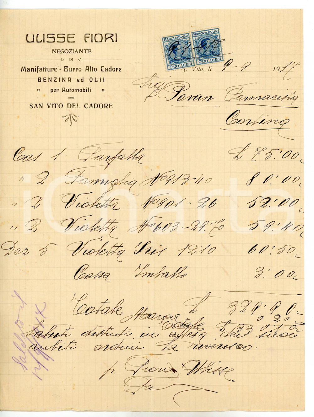 Documento originale, autentico 1917 SAN VITO DI CADORE Oli per automobili Ulisse FIORI Fattura intestata 1