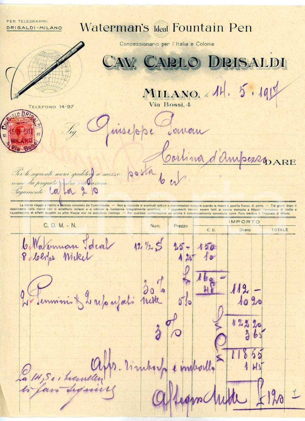 Documento originale, autentico 1917 MILANO Via Bossi  Cav. Carlo DRISALDI  Waterman Fountain Pen Fattura 1