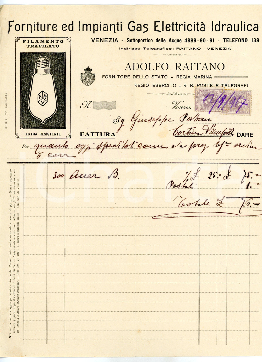 Documento originale, autentico 1917 VENEZIA Adolfo RAITANO  Forniture e impianti gas  Fattura con marche 1