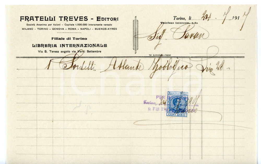 Documento originale, autentico 1917 TORINO Via Santa Teresa  F.lli TREVES Editori Fattura intestata con marca 1