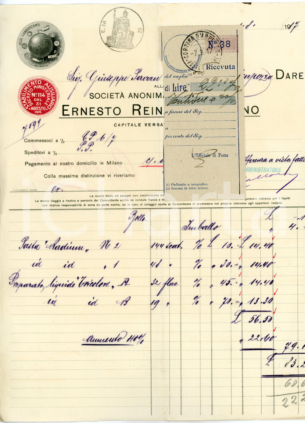 Documento originale, autentico 1917 MILANO SocietÃ  Anonima Ernesto REINACH Lubrificanti Fattura intestata 1