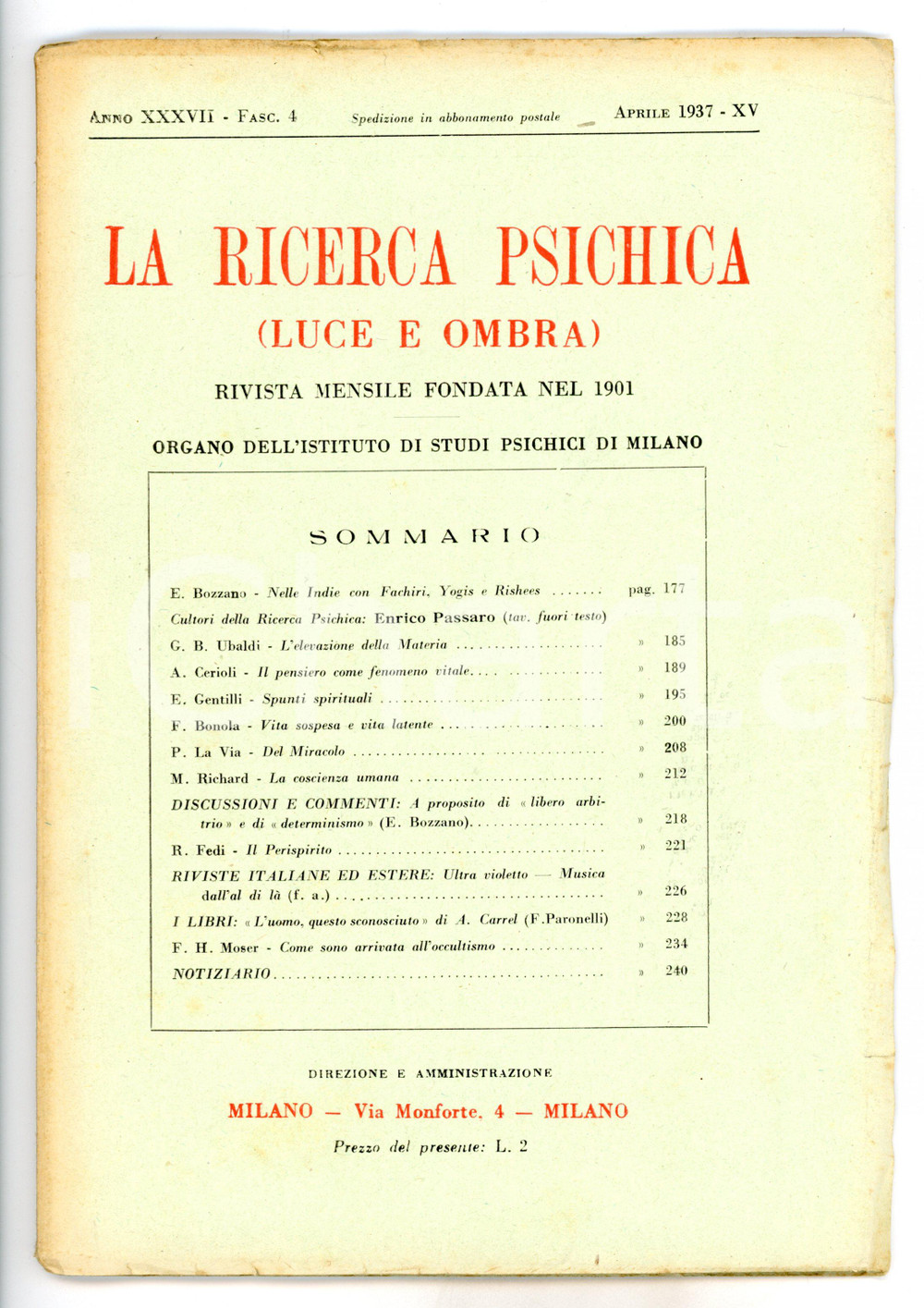 Giornale, rivista storica 1937 LA RICERCA PSICHICA Vita sospesa e vita latente  Anno XXXVII Fascicolo 4 1