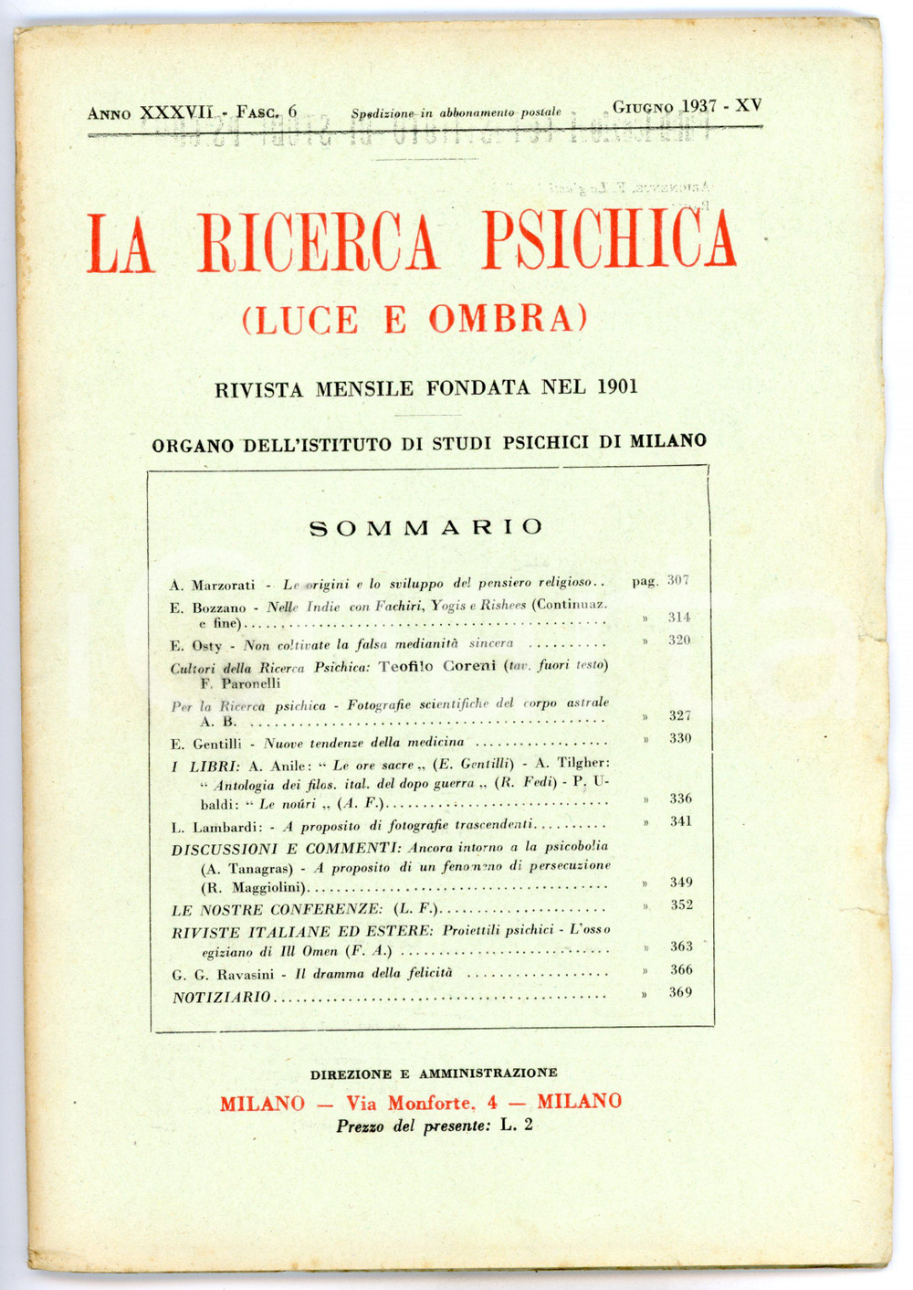 Giornale, rivista storica 1937 LA RICERCA PSICHICA L osso egiziano di ILL OMEN  Anno XXXVII Fascicolo 6 1