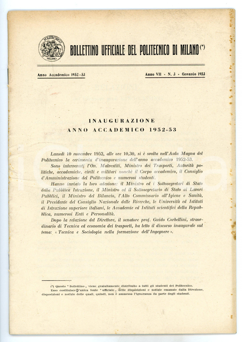 Libro, pubblicazione d epoca 1952 POLITECNICO DI MILANO Inaugurazione anno accademico  Bollettino 32 pp. 1