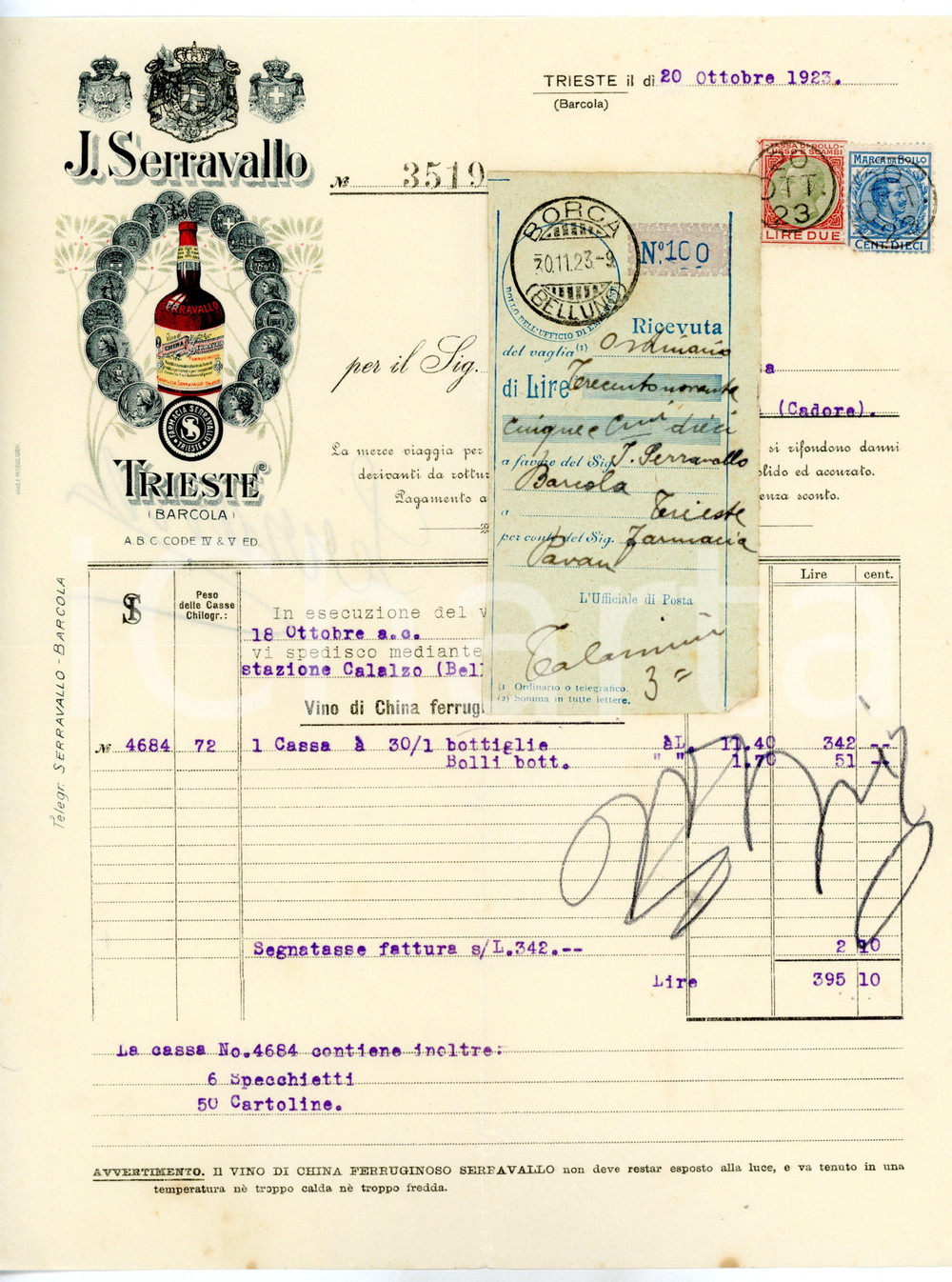 Documento originale, autentico 1923 TRIESTE BARCOLA Farmacia J. SERRAVALLO  Vino di China Fattura intestata 1