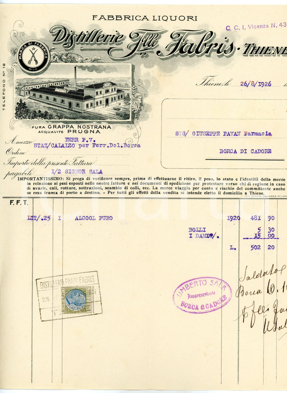 Documento originale, autentico 1926 THIENE Distillerie F.lli FABRIS  Fabbrica di liquori  Fattura con marche 1