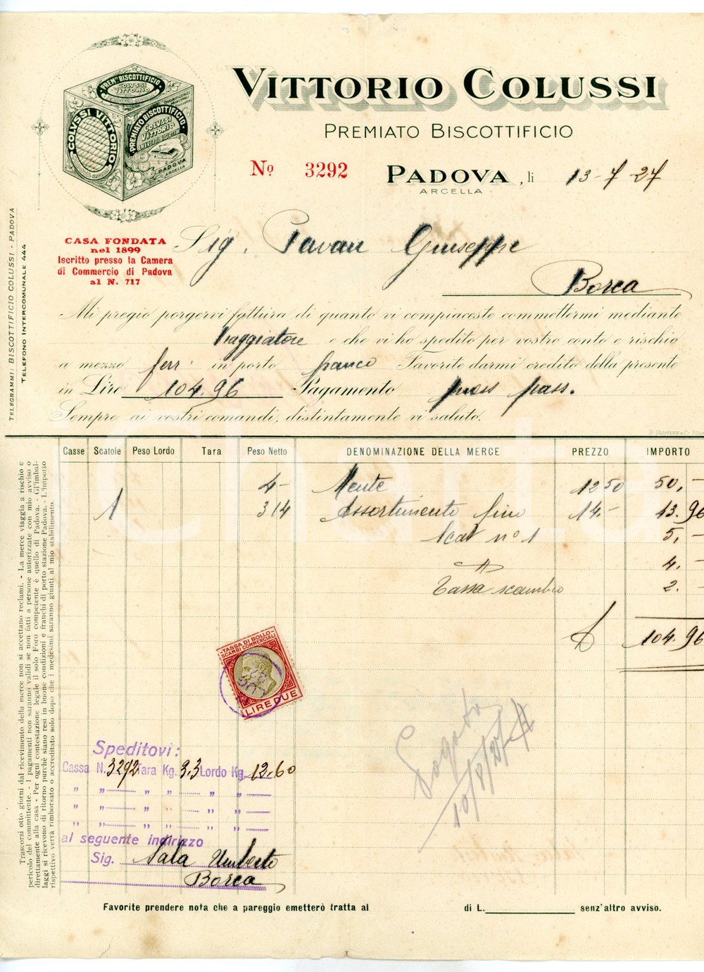 Documento originale, autentico 1927 PADOVA ARCELLA Vittorio COLUSSI Premiato biscottificio  Fattura intestata 1