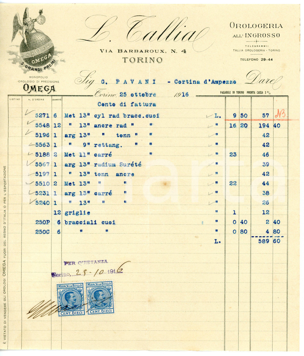 Documento originale, autentico 1916 TORINO Via Barbaroux  Orologeria L. TALLIA Fattura intestata con marche 1