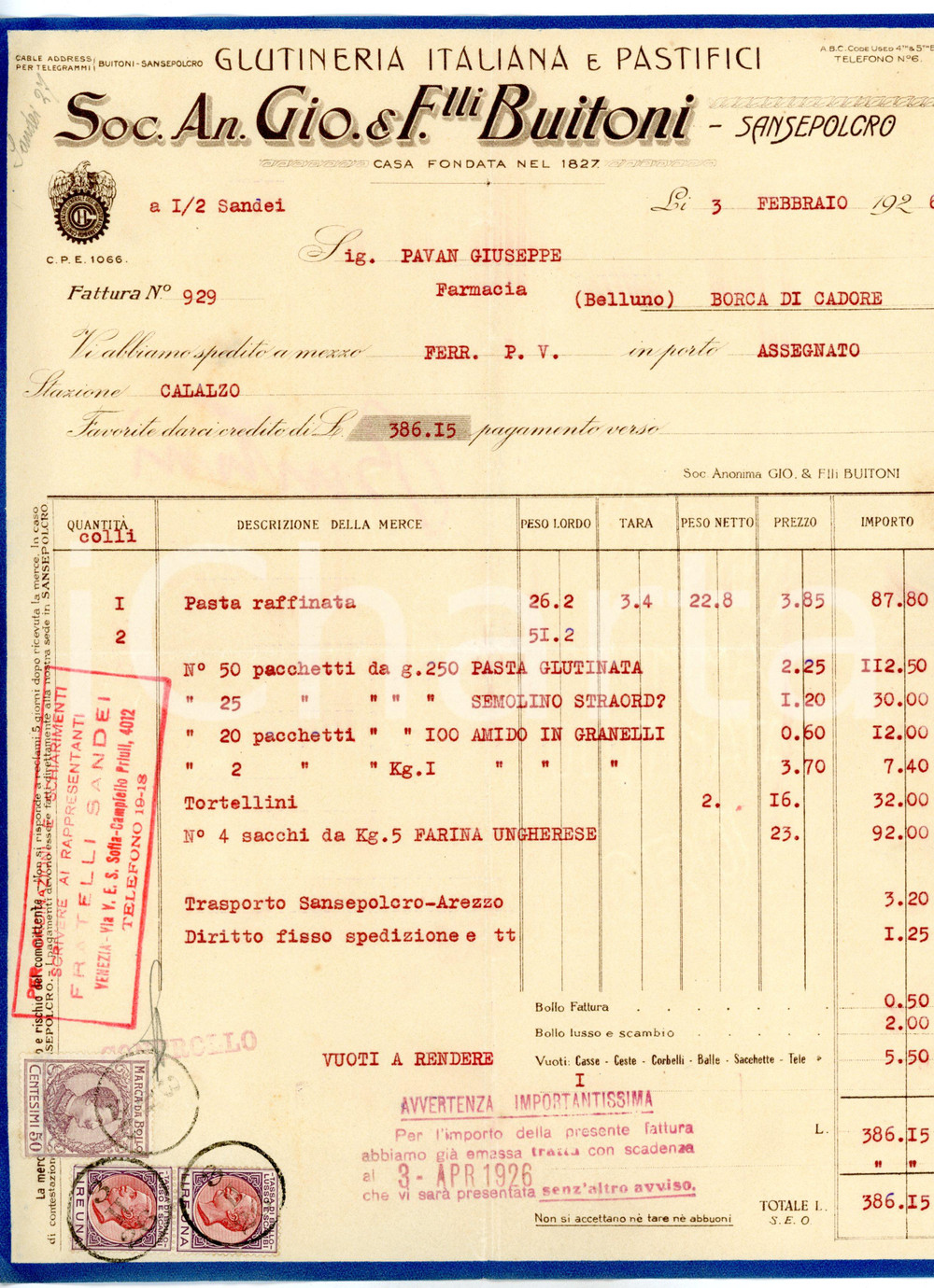 Documento originale, autentico 1926 SANSEPOLCRO Giovanni & F.lli BUITONI  Pastificio  Fattura intestata 1