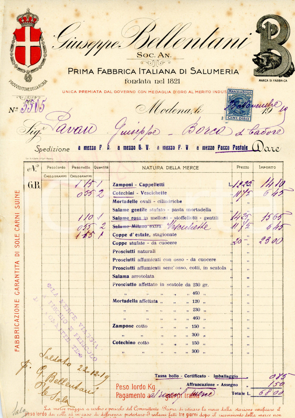 Documento originale, autentico 1919 MODENA Giuseppe BELLENTANI Fabbrica italiana di salumeria Fattura 1