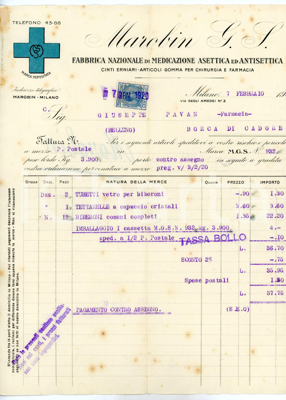 Documento originale, autentico 1920 MILANO Ditta G. S. MAROBIN Medicazione asettica e antisettica Fattura 1