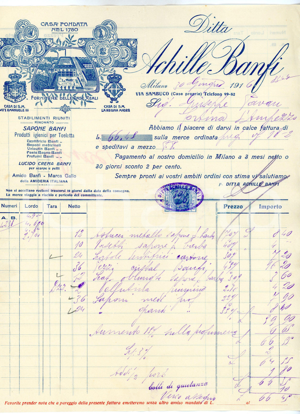 Documento originale, autentico 1916 MILANO Via Sambuco  Ditta Achille BANFI  Saponificio Fattura intestata 1