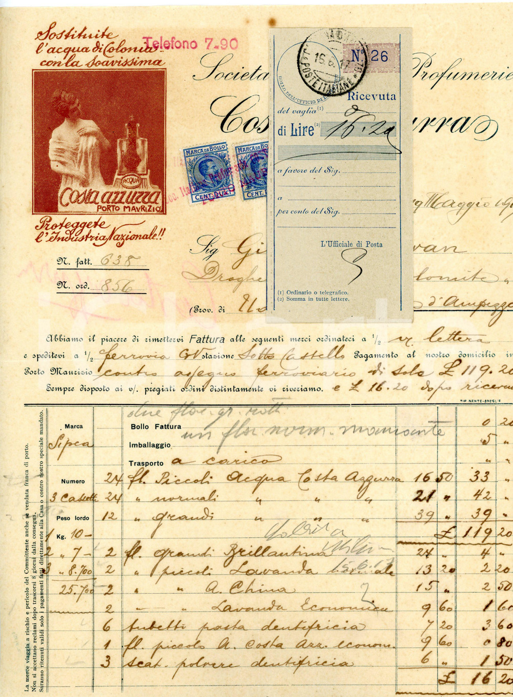 Documento originale, autentico 1917 PORTO MAURIZIO Profumerie COSTA AZZURRA  Fattura intestata con marche 1 1