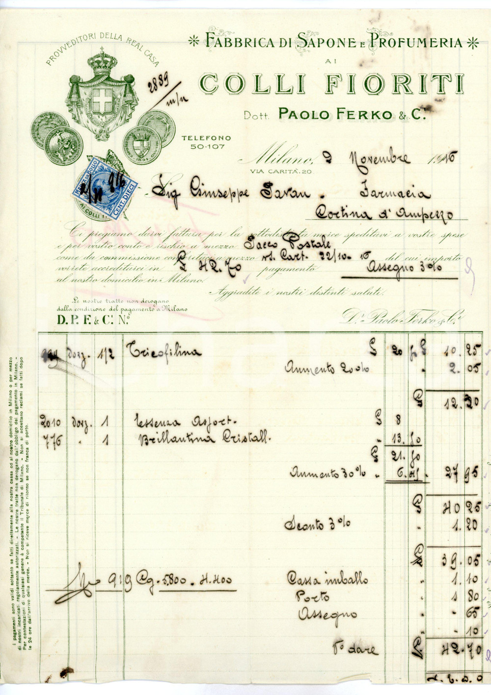 Documento originale, autentico 1916 MILANO Saponificio AI COLLI FIORITI di Paolo FERKO Fattura intestata 1