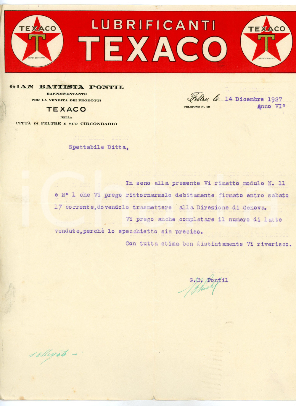 Documento originale, autentico 1927 FELTRE Lubrificanti TEXACO  Gian Battista PONTIL Rappresentante  Fattura 1