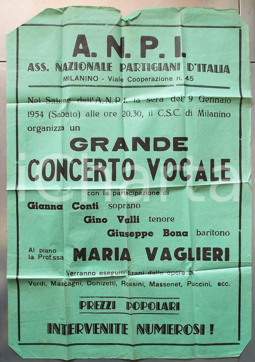 Oggetto da collezione cartaceo 1954 CUSANO MILANINO  ANPI Concerto vocale  Maria VAGLIERI al piano Manifesto 1