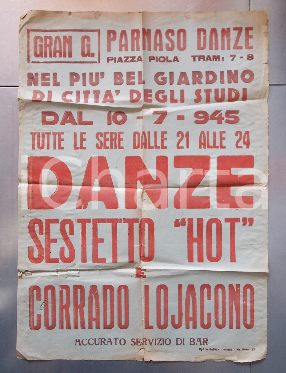 Oggetto da collezione cartaceo 1945 MILANO Piazza Piola  Parnaso Danze / Sestetto HOT  Manifesto 50x70 cm 1