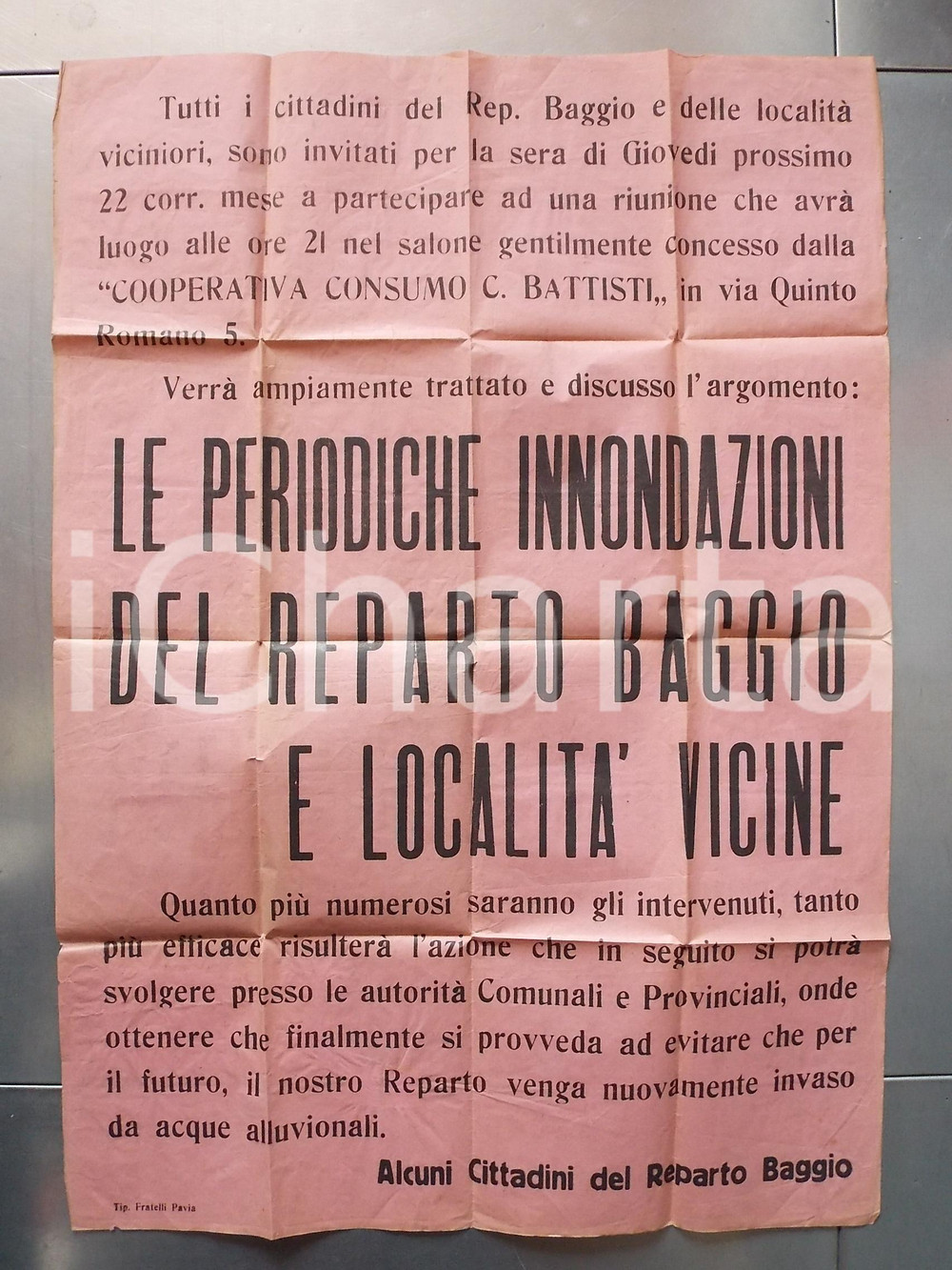 Oggetto da collezione cartaceo 1951 MILANO Le periodiche inondazioni del reparto BAGGIO  Manifesto 55x70 cm 1