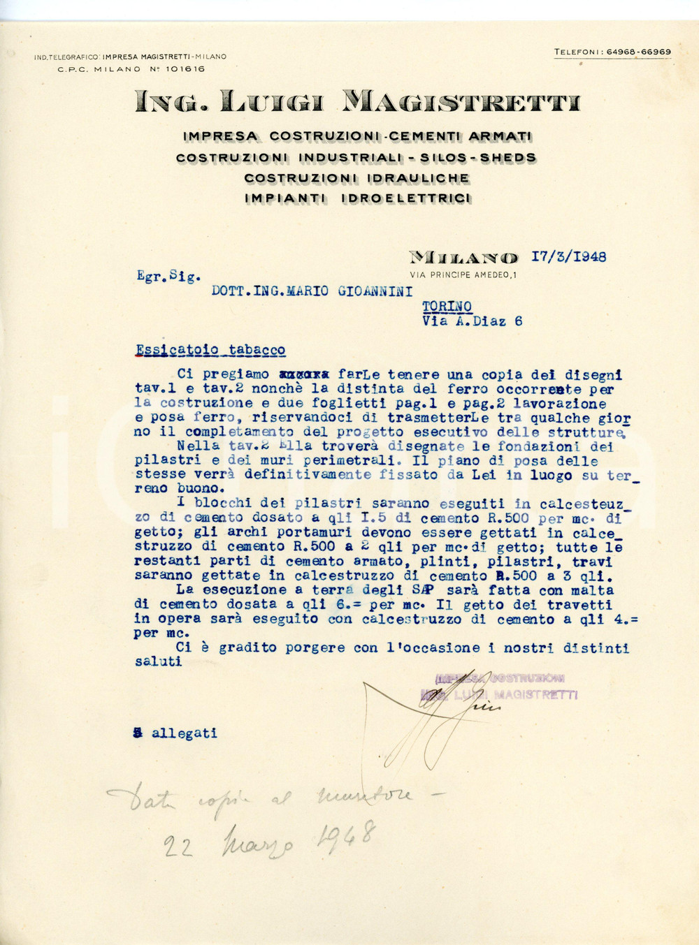 Manoscritto, lettera originale 1948 MILANO Luigi MAGISTRETTI Impresa di costruzioni Lettera su carta intestata 1