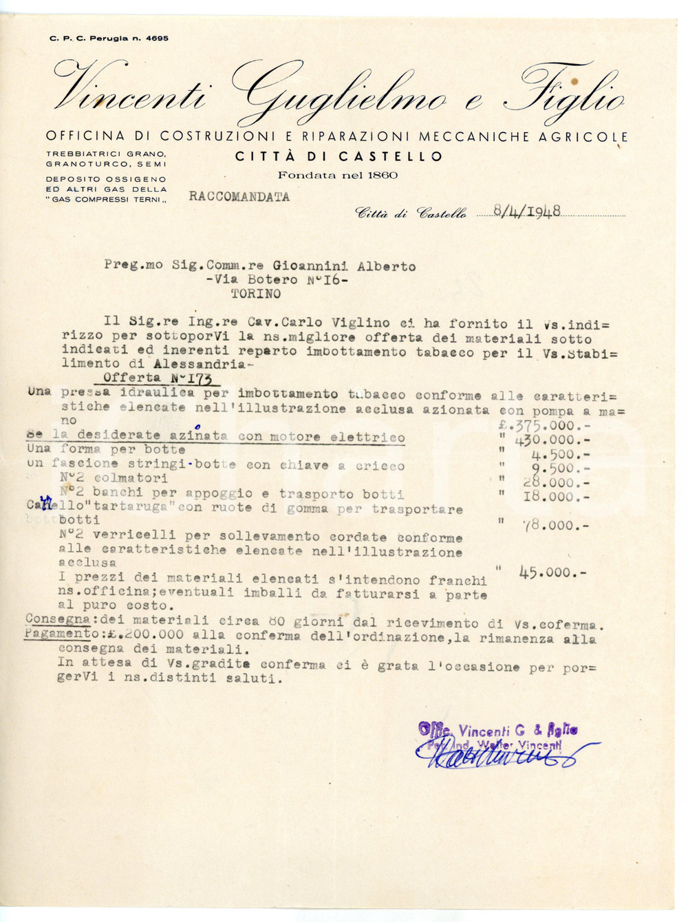 Manoscritto, lettera originale 1948 CITTÃ€ DI CASTELLO Guglielmo VINCENTI & Figlio  Costruzioni Preventivo 1