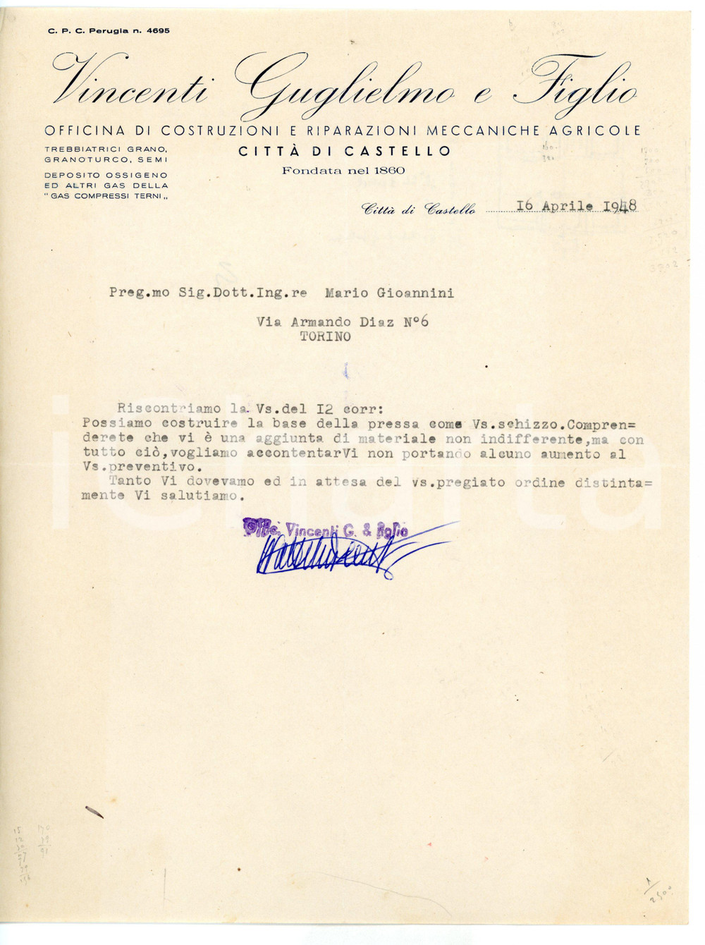 Manoscritto, lettera originale 1948 CITTÃ€ DI CASTELLO Guglielmo VINCENTI  Costruzioni Lettera intestata 1