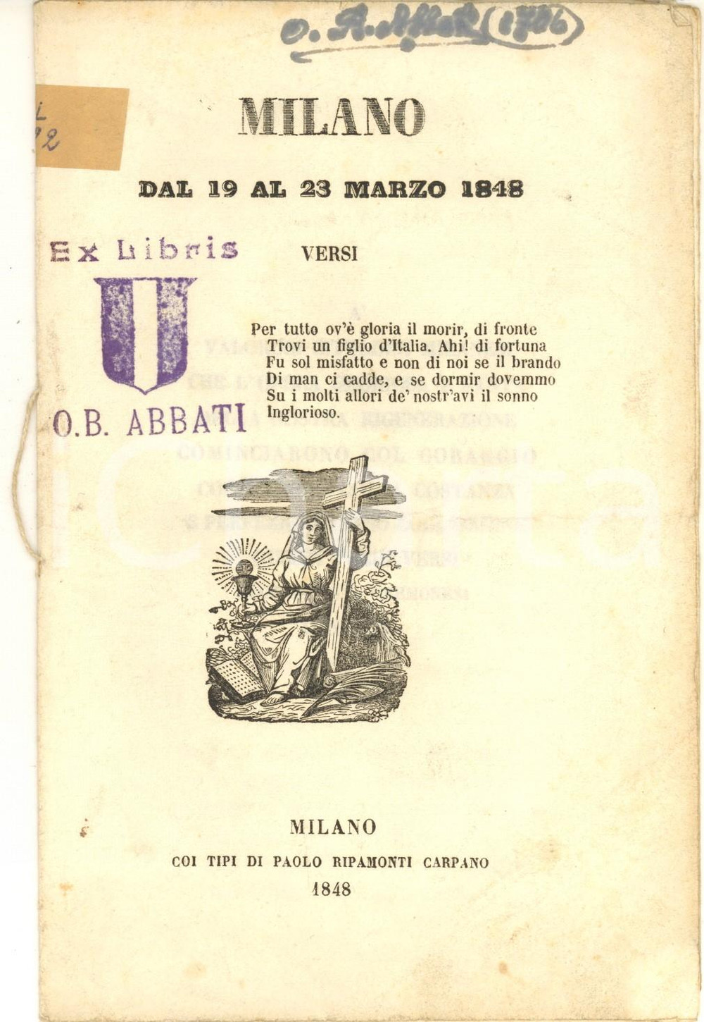 Libro, pubblicazione d epoca 1848 RISORGIMENTO Giambattista CREMONESI  Milano dal 19 al 23 marzo 1848 RARO 1