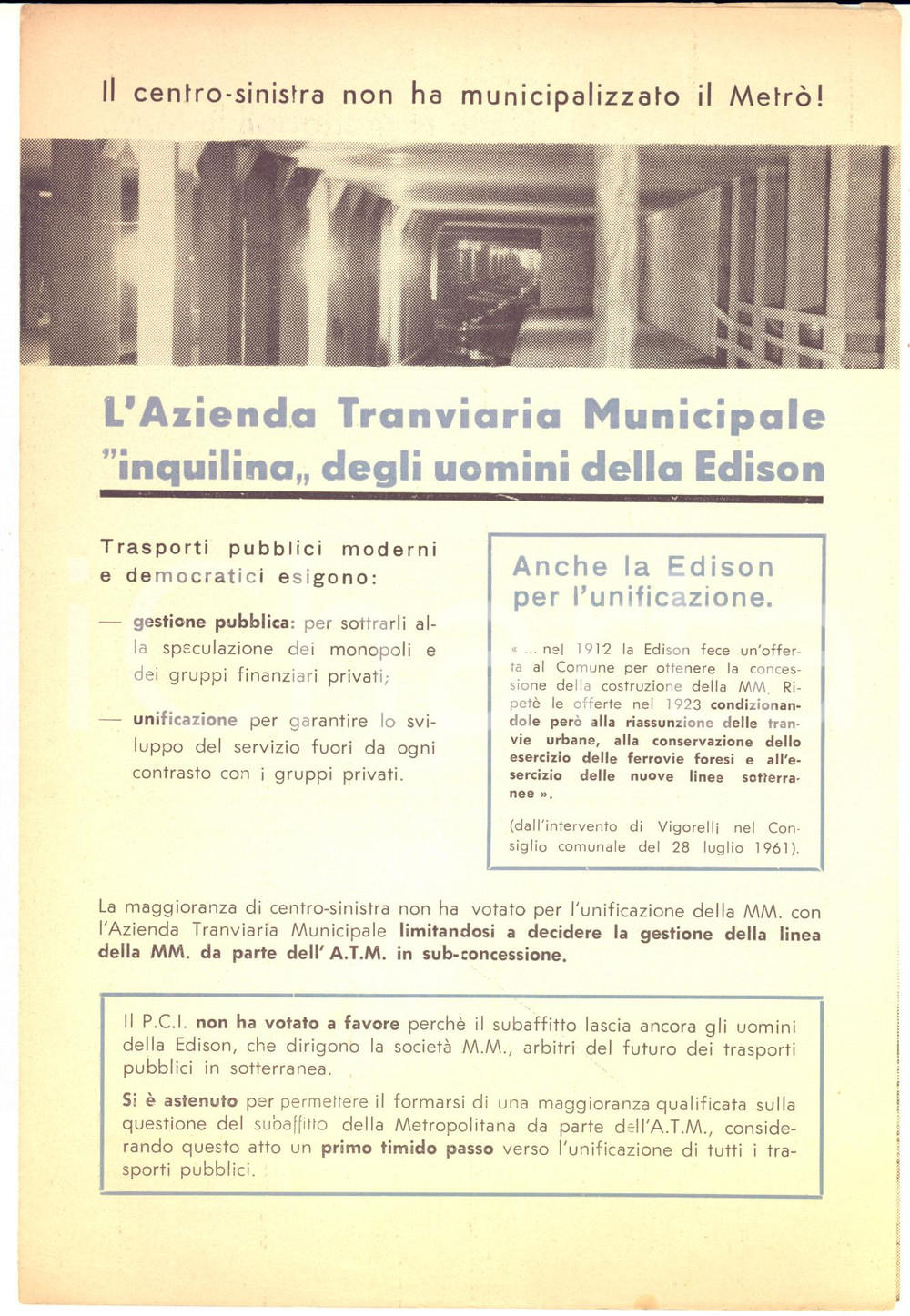 Materiale pubblicitario d’epoca 1962 MILANO Propaganda PCI  ATM inquilina della EDISON per la metropolitana 1