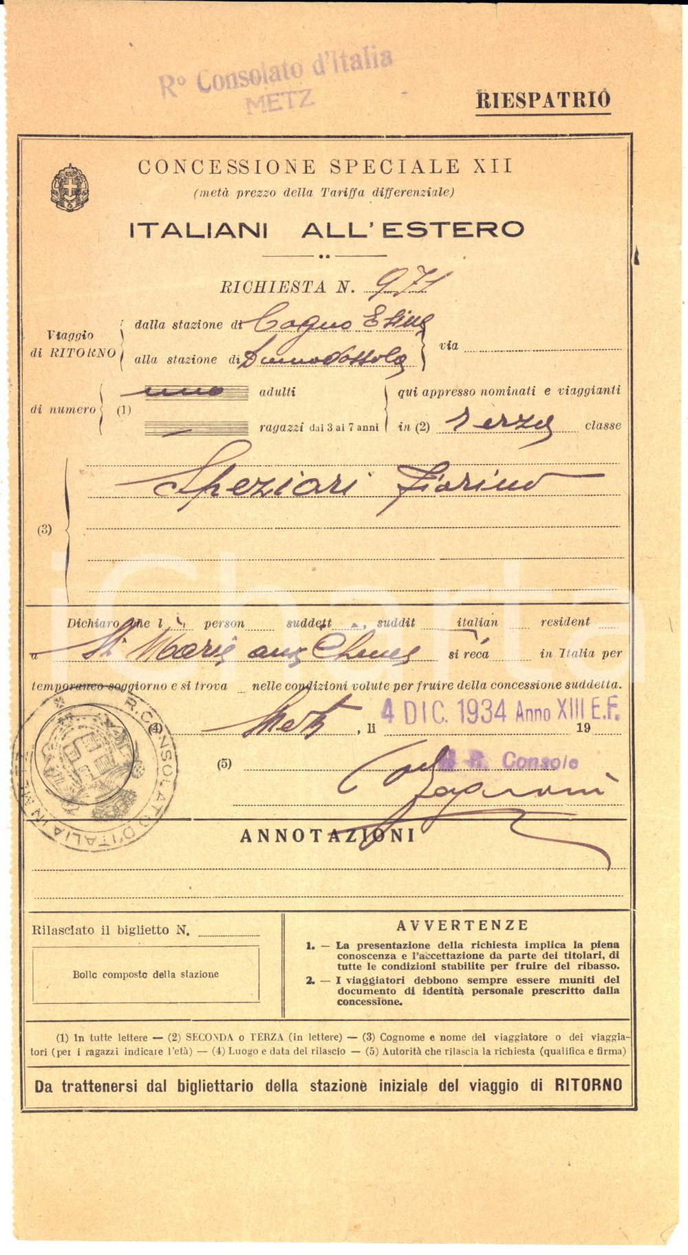 Documento originale, autentico 1934 METZ FRANCE Concessione riespatrio per italiani all estero  Documento 1