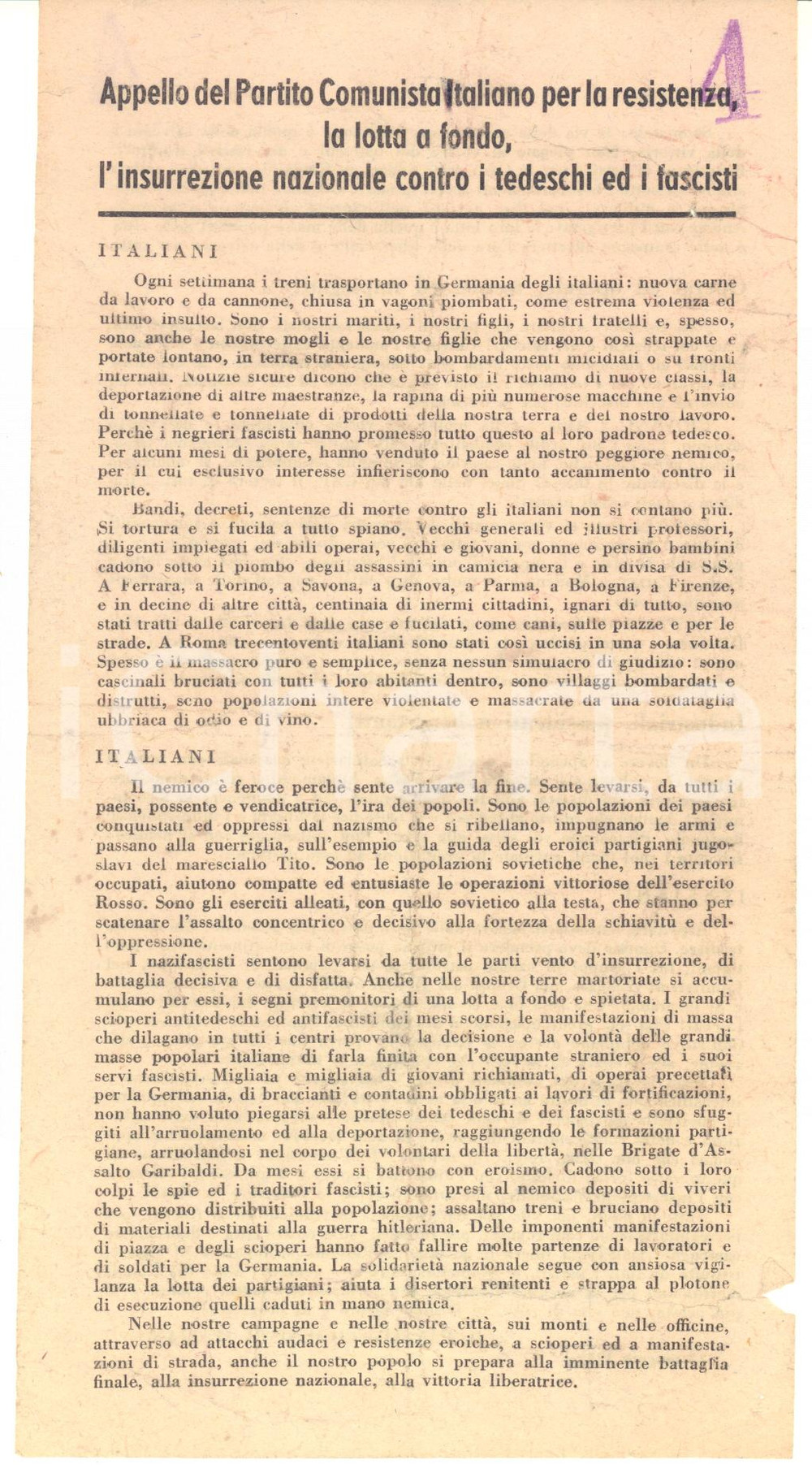 Materiale pubblicitario d’epoca 1944 WW2 RSI Appello PCI per la resistenza contro tedeschi e fascisti Volantino 1