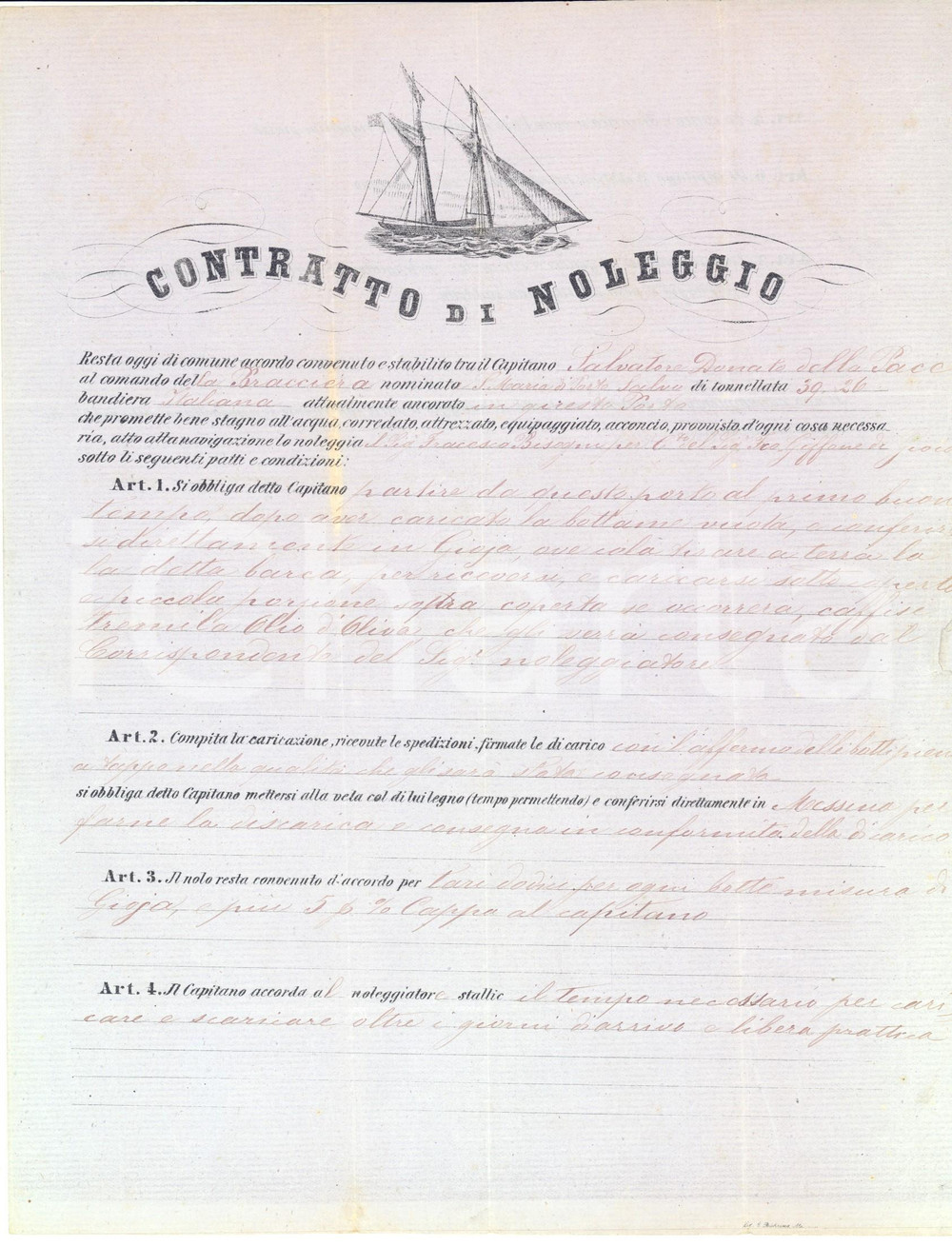 Documento originale, autentico 1866 MESSINA Contratto di noleggio nave bracciera a uso mercantile  RARO 1