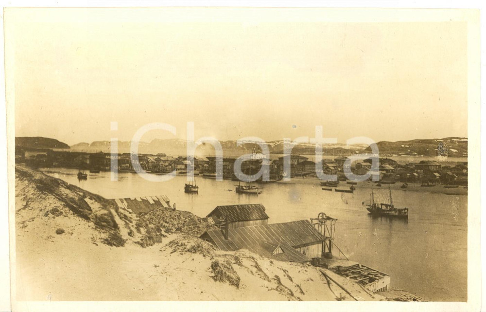 Fotografia d epoca originale 1929 TERIBERKA MURMANSK, URSS Veduta con barche da pesca Foto 17x11 cm 1