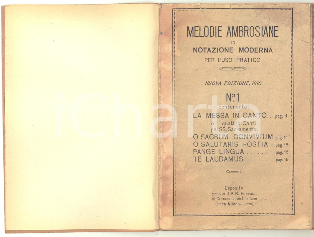 Libro, pubblicazione d epoca 1910 CERNUSCO LOMBARDONE Melodie ambrosiane in notazione moderna 20 pp. 1