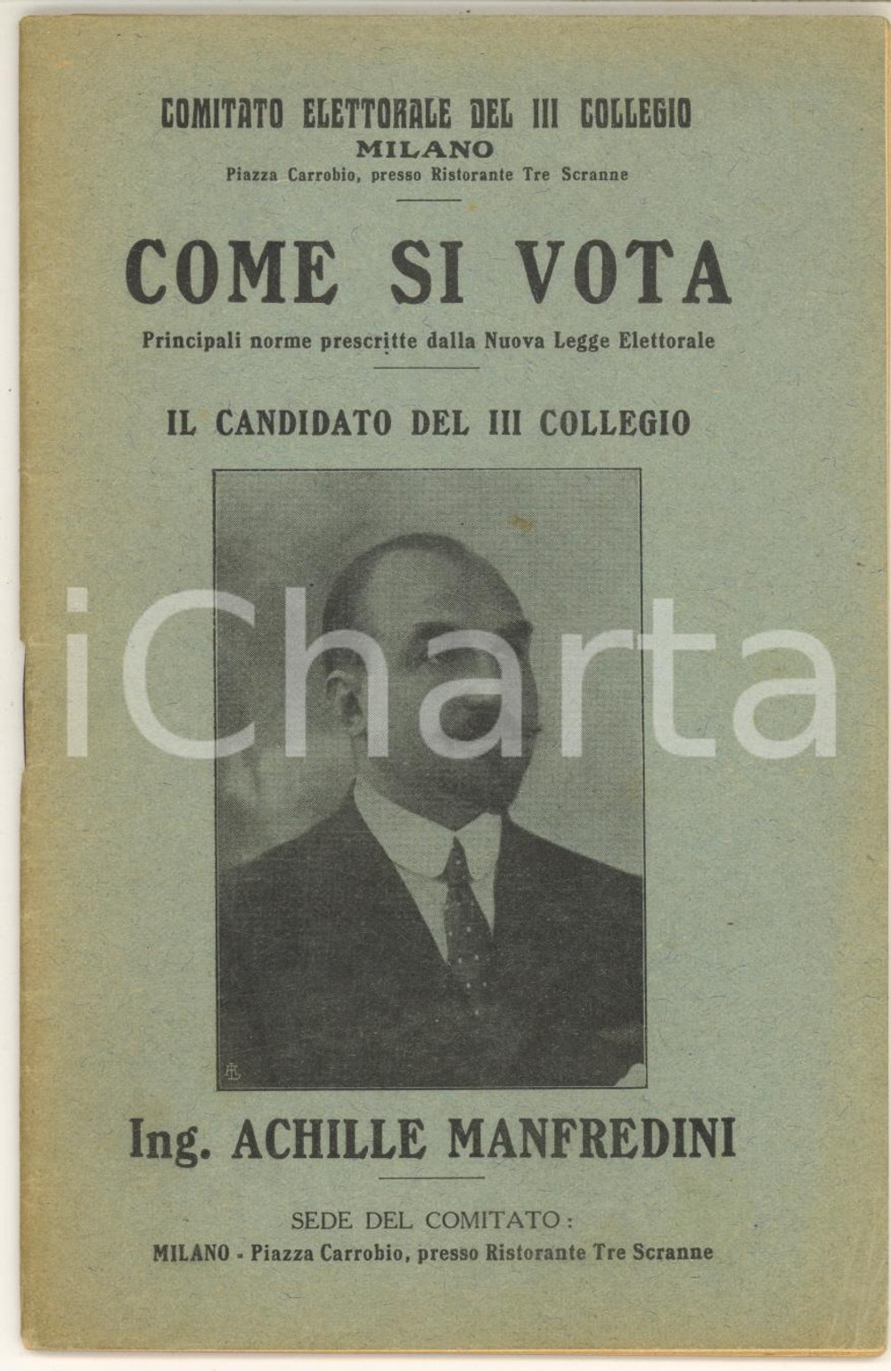 Libro, pubblicazione d epoca 1910 ca ELEZIONI MILANO Come si vota  Il candidato Achille MANFREDINI Libretto 1
