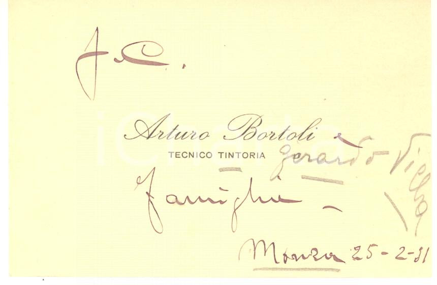 Oggetto da collezione cartaceo 1931 MONZA Arturo BORTOLI Tecnico tintoria  Biglietto da visita 1