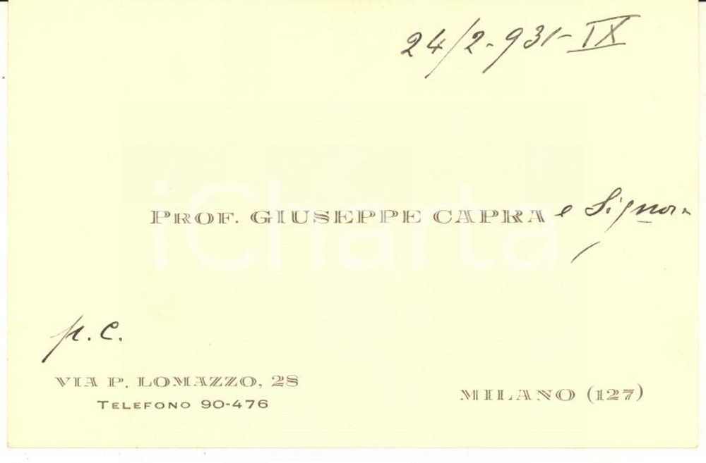 Oggetto da collezione cartaceo 1931 MILANO via Lomazzo  Prof. Giuseppe CAPRA  Biglietto da visita autografo 1