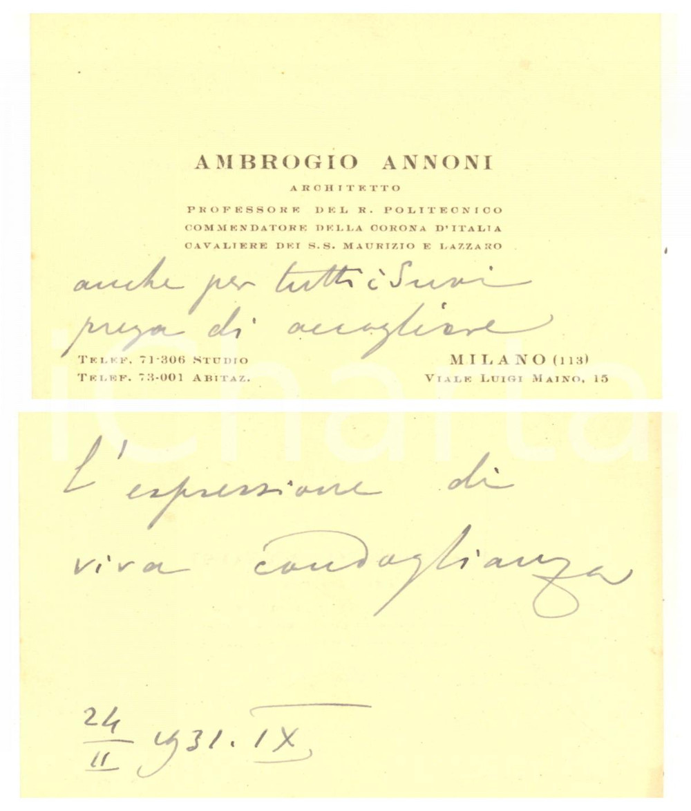 Autografo originale 1931 MILANO Architetto Ambrogio ANNONI  Biglietto da visita AUTOGRAFO 1