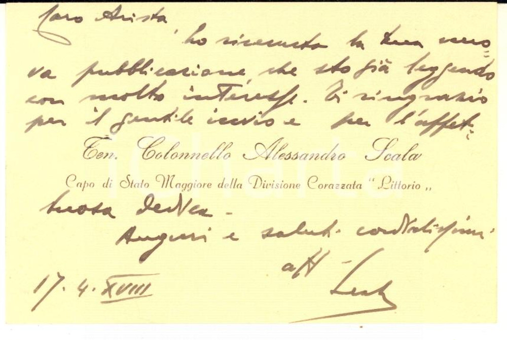 Autografo originale 1940 MILANO Ten. Col. Alessandro SCALA  Biglietto da visita AUTOGRAFO 1