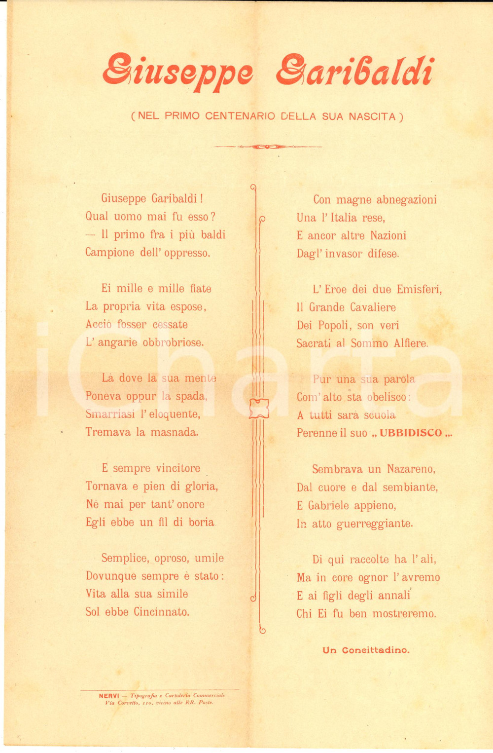 Oggetto da collezione cartaceo 1907 GENOVA Giuseppe Garibaldi Nel primo centenario della sua nascita POEMETTO 1
