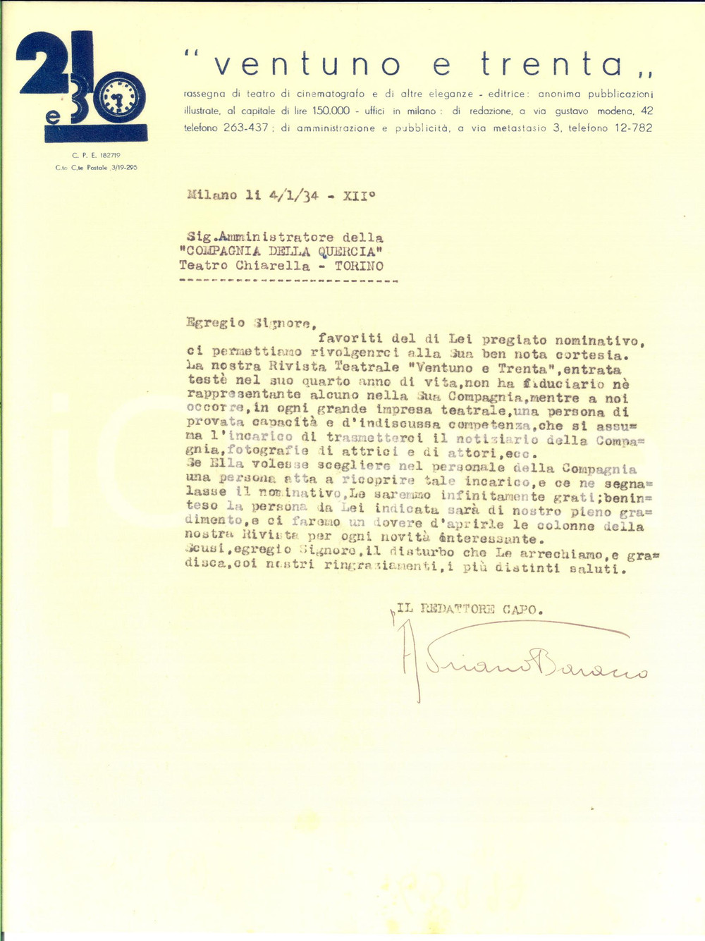 Autografo originale 1934 MILANO Lettera Adriano BARACCO  Rivista Ventuno e Trenta  AUTOGRAFO 1