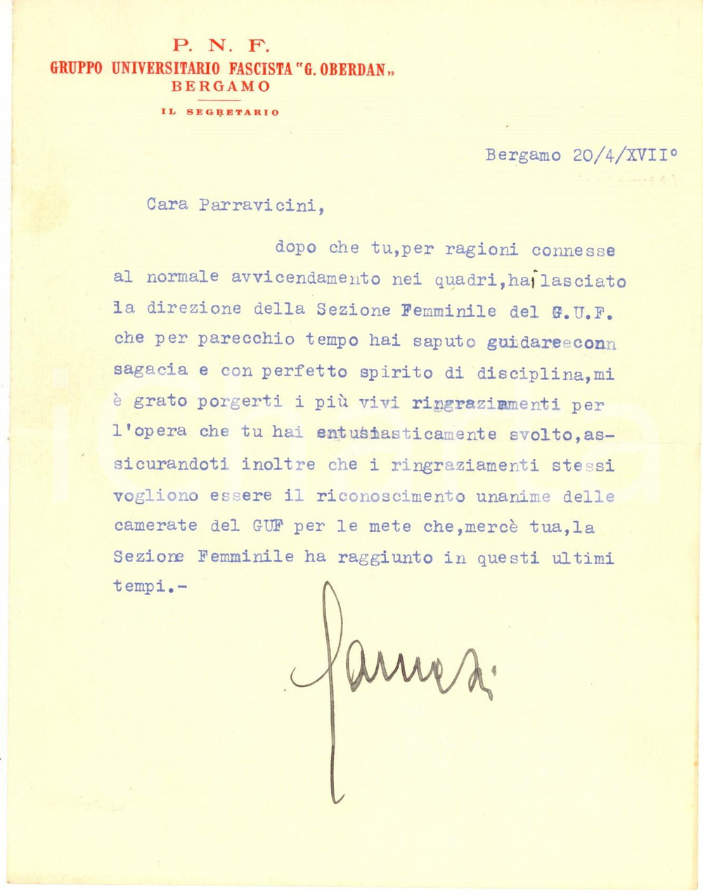 Autografo originale 1939 BERGAMO GUF G. Oberdan Lettera segretario Gustavo CARNAZZI  AUTOGRAFO 1