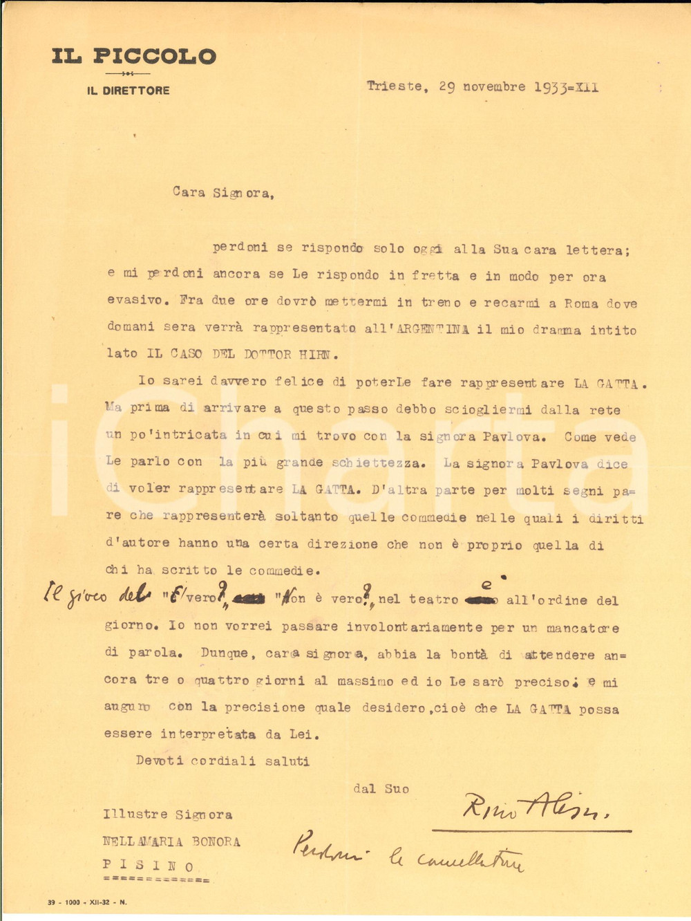 Autografo originale 1933 TRIESTE Lettera Rino ALESSI a Nella Maria BONORA per La gatta AUTOGRAFO 1